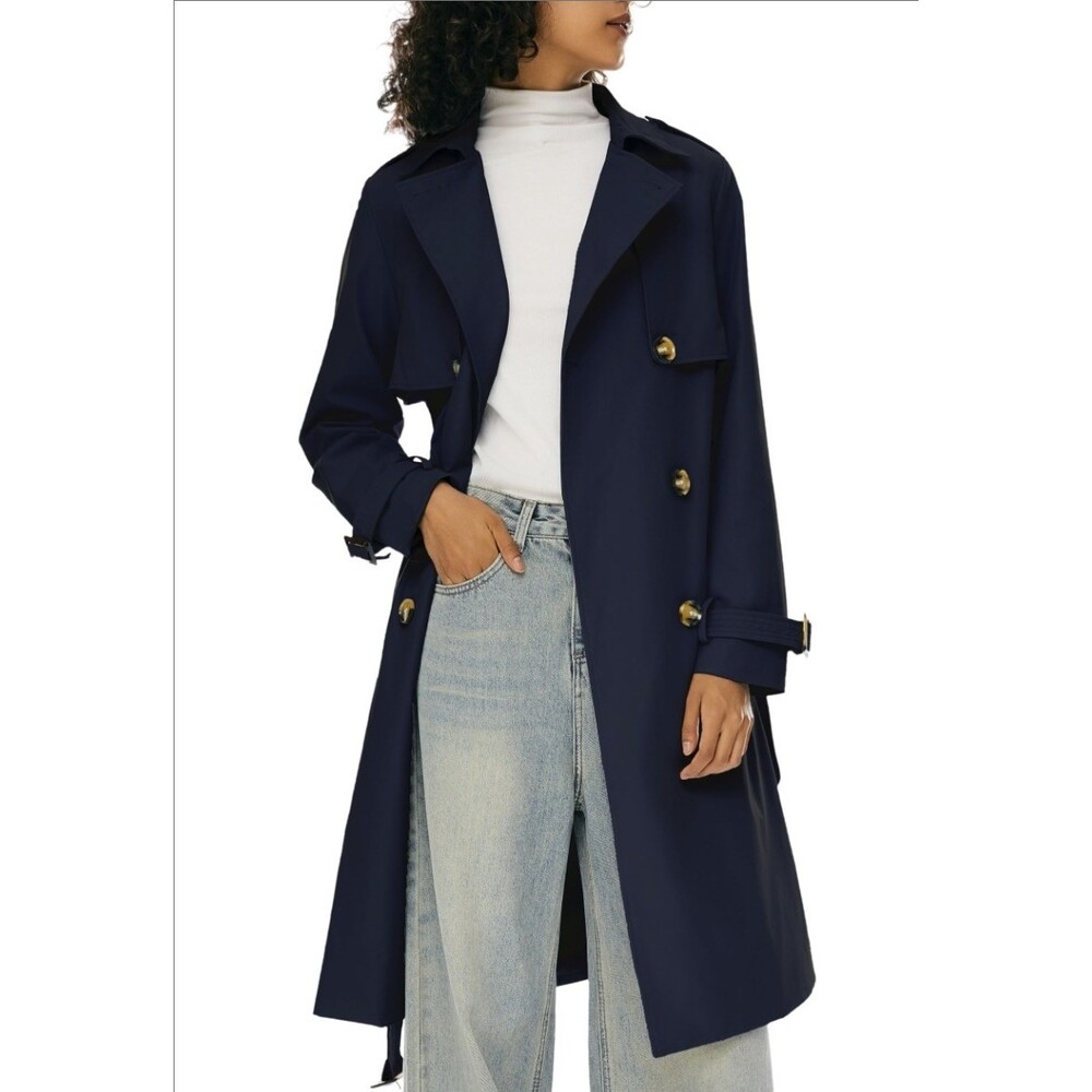Women's 3/4 Length Double Breasted Trench Coat/MAC Navy Blue XL Lapel Jacket